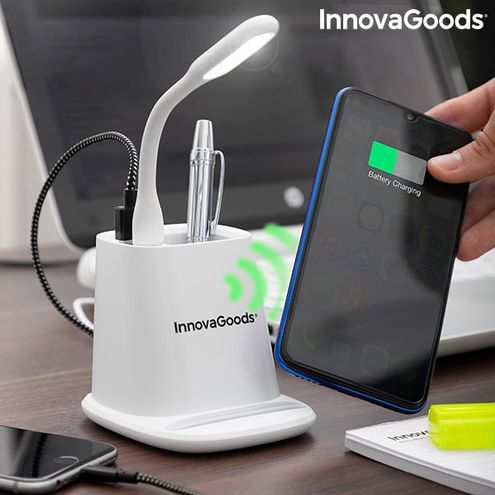 Bezdrôtová nabíjačka s držiakom - organizérom a USB LED lampou 5 v 1. DesKing InnovaGoods